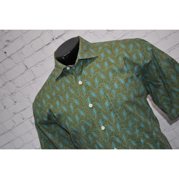 Alan Flusser Dress Shirt Mens Size XL Green Blue Paisley Design Short Sleeve - Picture 6 of 6